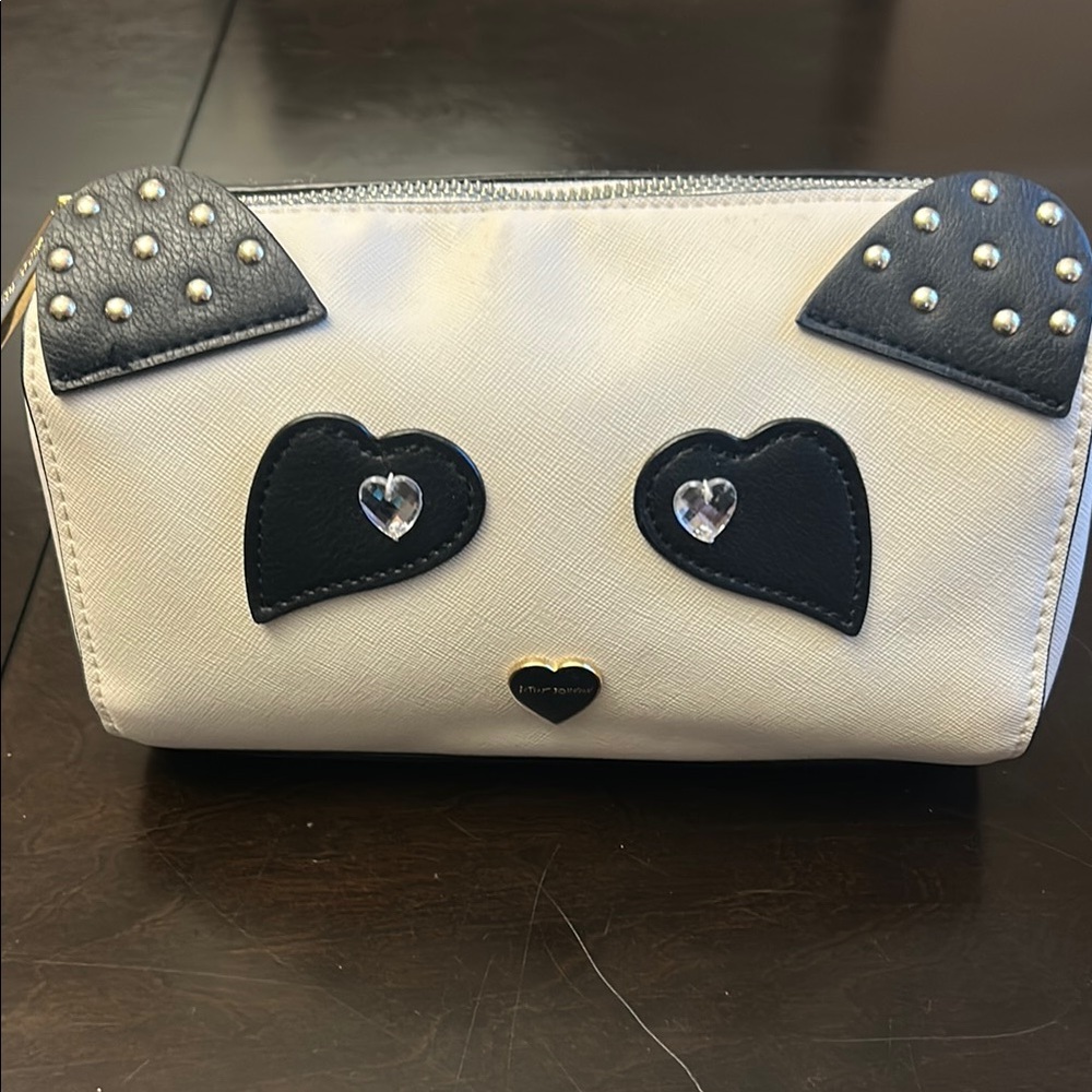 Betsey Johnson Black and Cream Heart cosmetic bag.